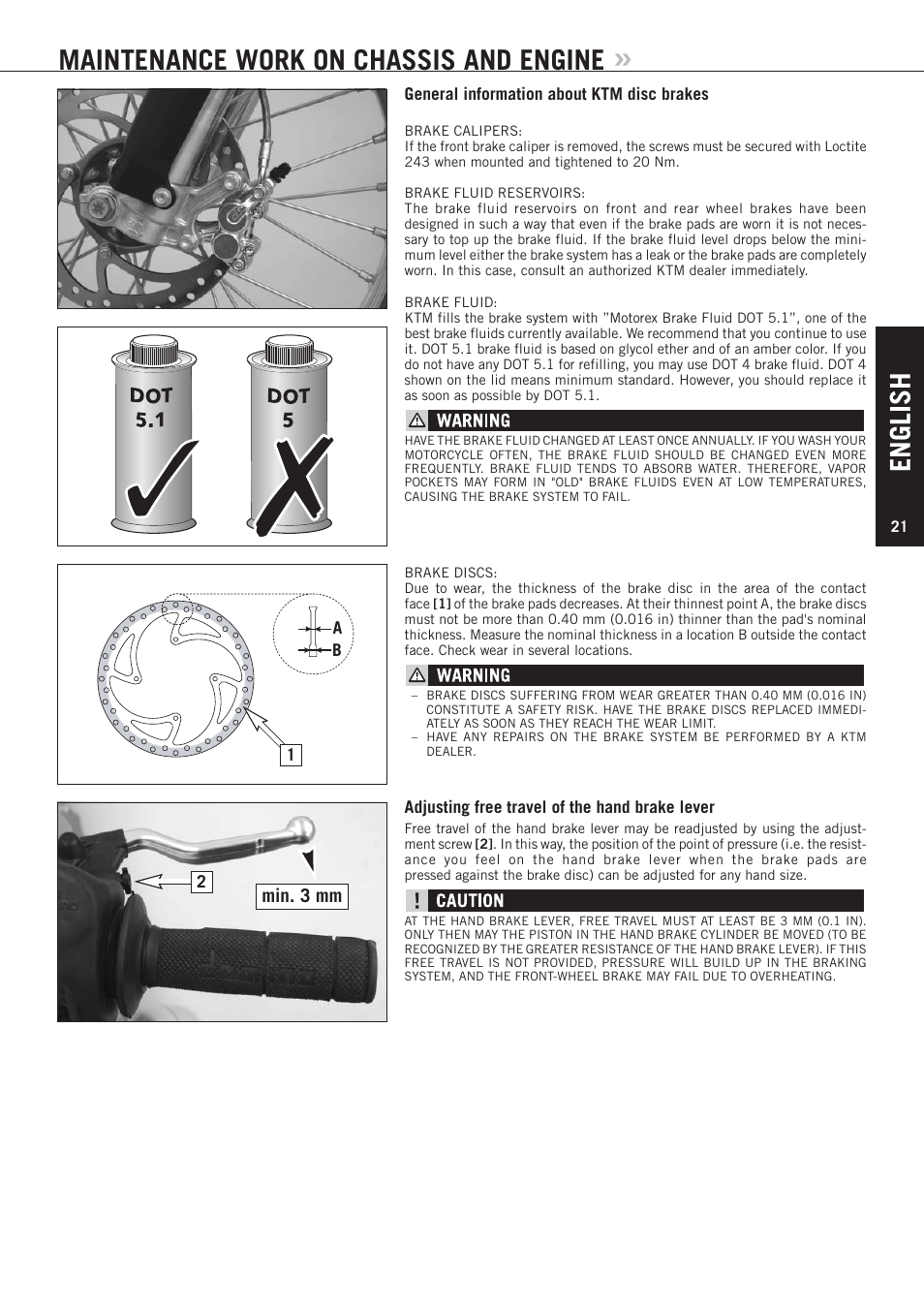 English, Maintenance work on chassis and engine, Min. 3 mm | KTM 85 SX User Manual | Page 22 / 40