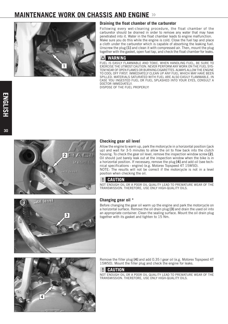English, Maintenance work on chassis and engine | KTM 85 SX User Manual | Page 31 / 40