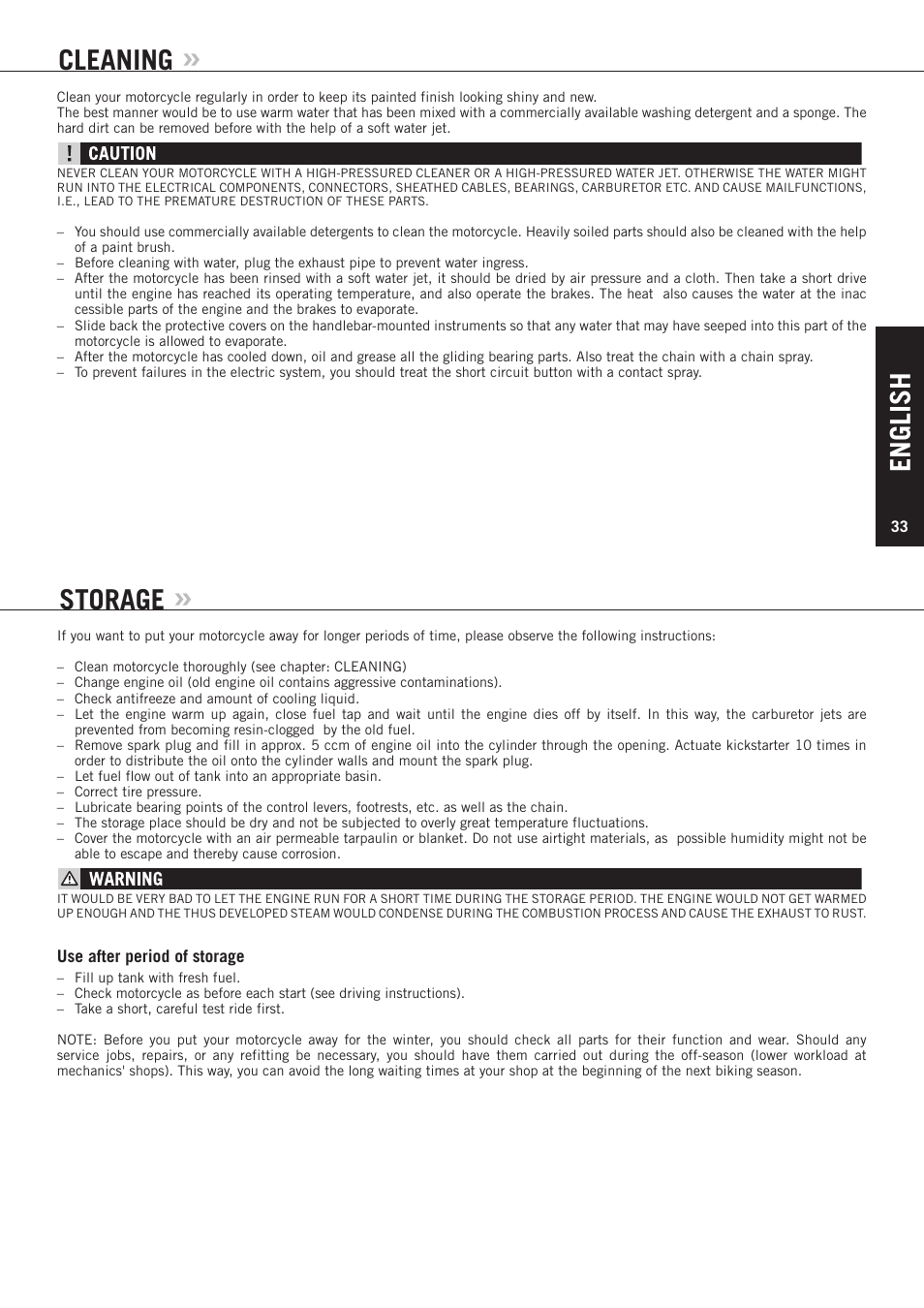 English, Cleaning, Storage | KTM 85 SX User Manual | Page 34 / 40