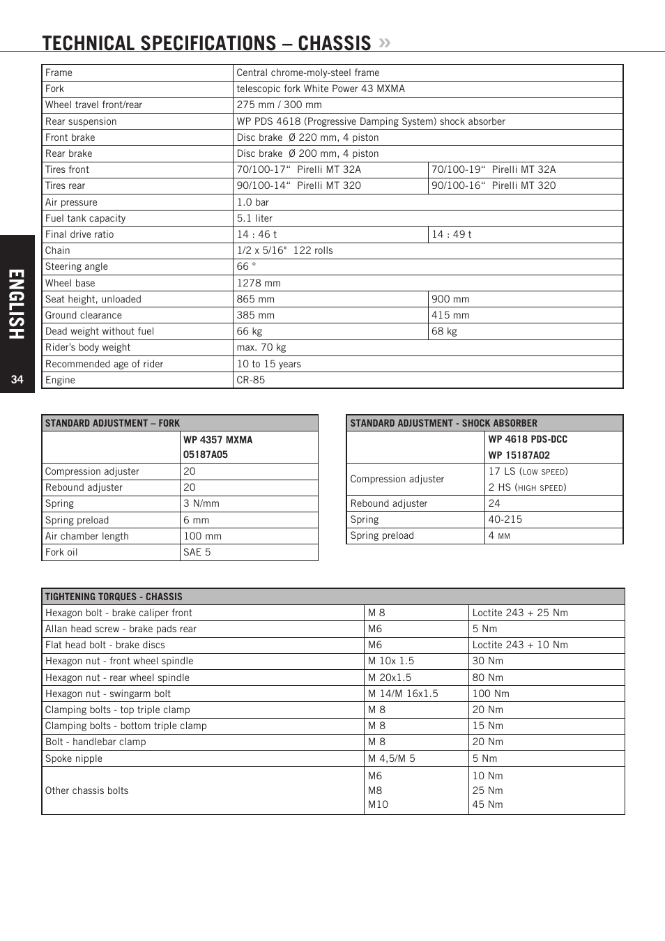 English, Technical specifications – chassis | KTM 85 SX User Manual | Page 35 / 40