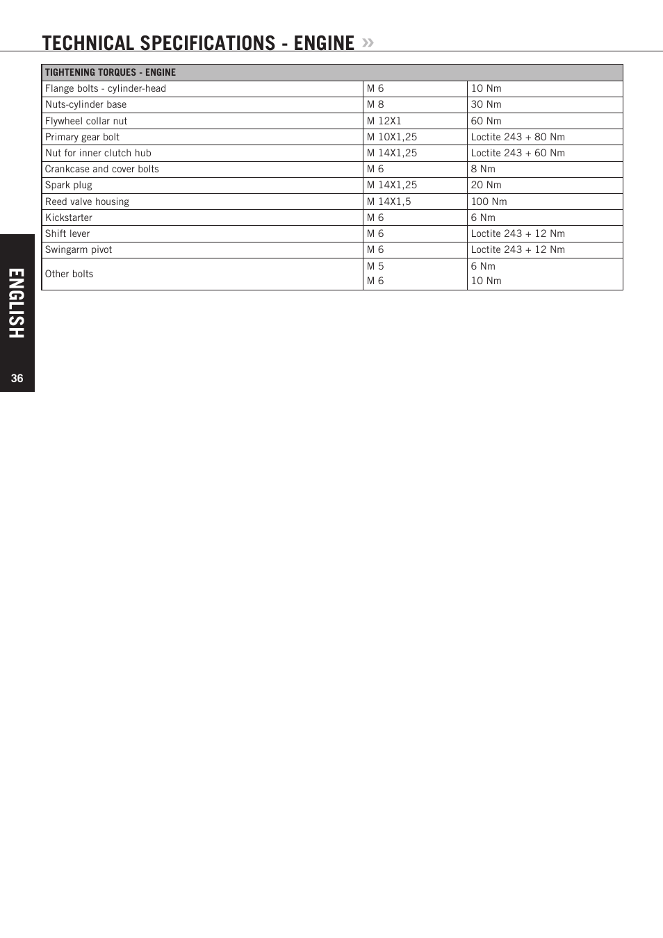 English, Technical specifications - engine | KTM 85 SX User Manual | Page 37 / 40