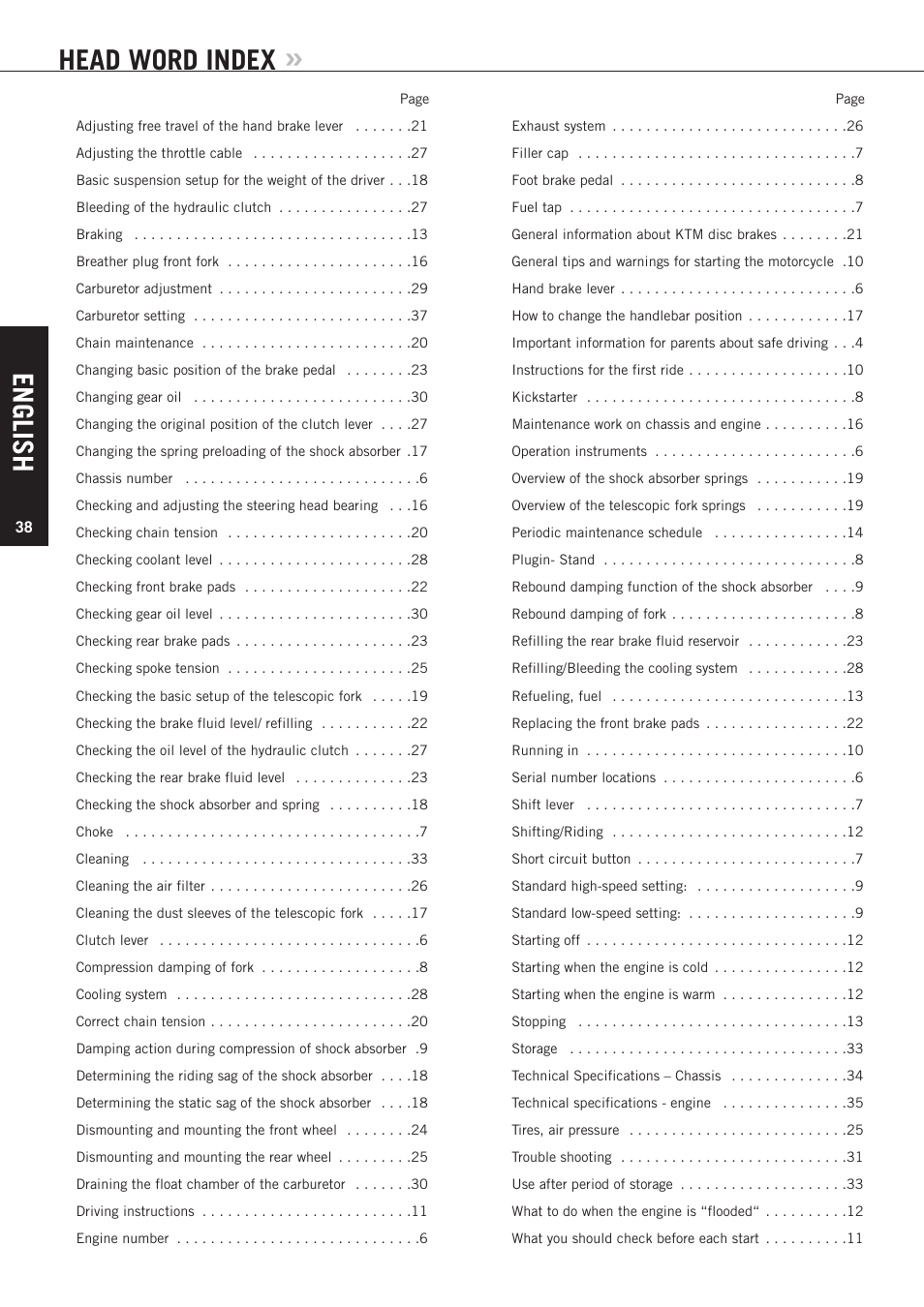 Head word index, English | KTM 85 SX User Manual | Page 39 / 40