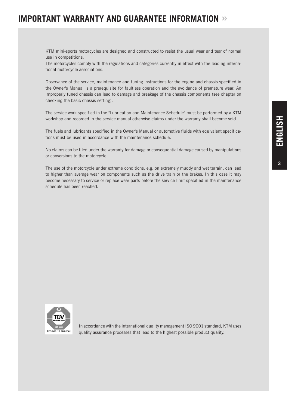 English, Important warranty and guarantee information | KTM 85 SX User Manual | Page 4 / 40