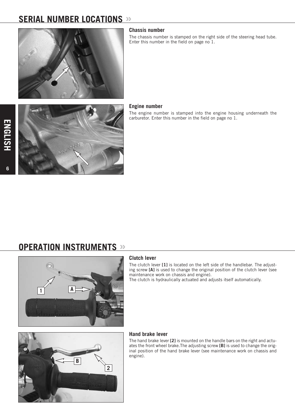 English, Serial number locations, Operation instruments | KTM 85 SX User Manual | Page 7 / 40