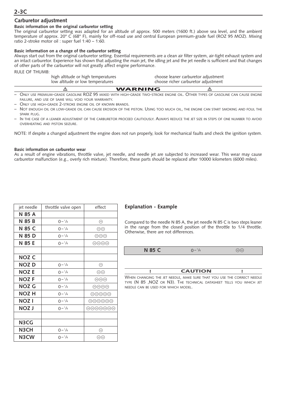 Carburetor adjustment, Explanation - example, N 85 c | N 85 a n 85 b, N 85 d, N 85 e, Noz c noz d, Noz e, Noz f, Noz g | KTM 250 SX User Manual | Page 17 / 153