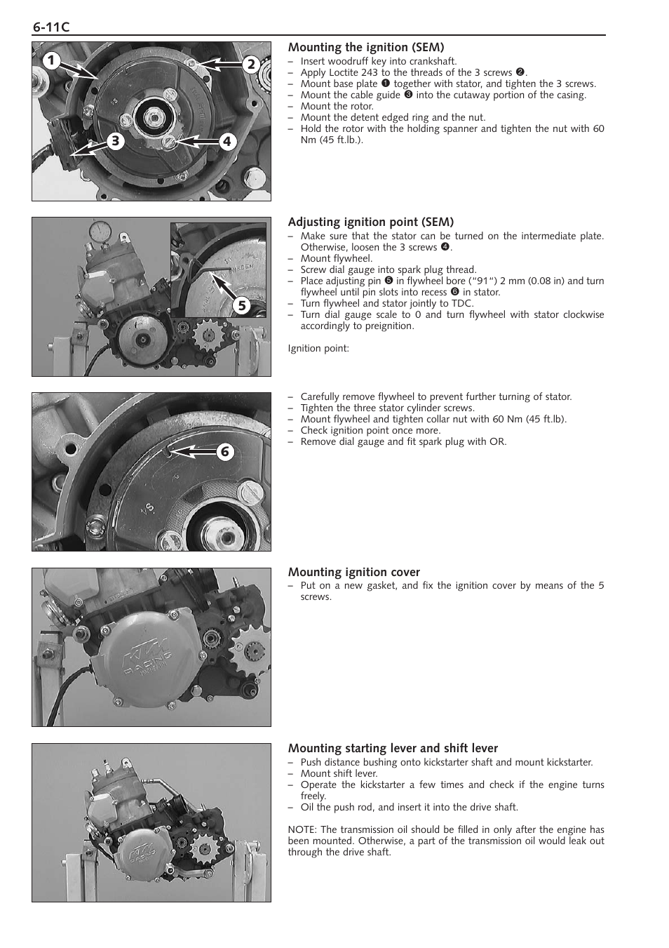 Mounting the ignition (sem), Adjusting ignition point (sem), Mounting ignition cover | Mounting starting lever and shift lever | KTM 250 SX User Manual | Page 66 / 153