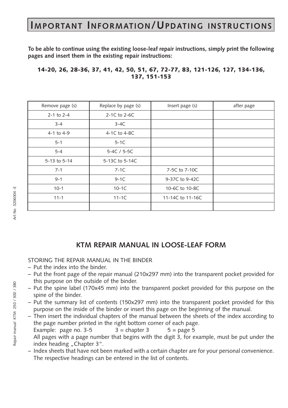 Important information, Updating instructions, M p o rta n t | Ktm repair manual in loose-leaf form | KTM 250 SX User Manual | Page 7 / 153