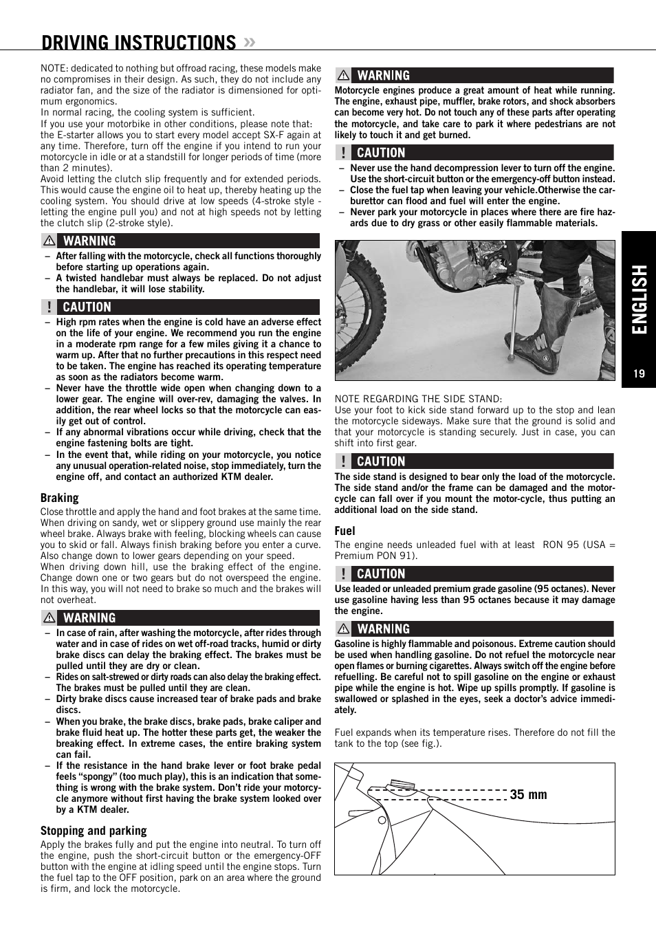 Driving instructions, English, 35 mm | KTM EXC-F SIX DAYS  EN User Manual | Page 20 / 63