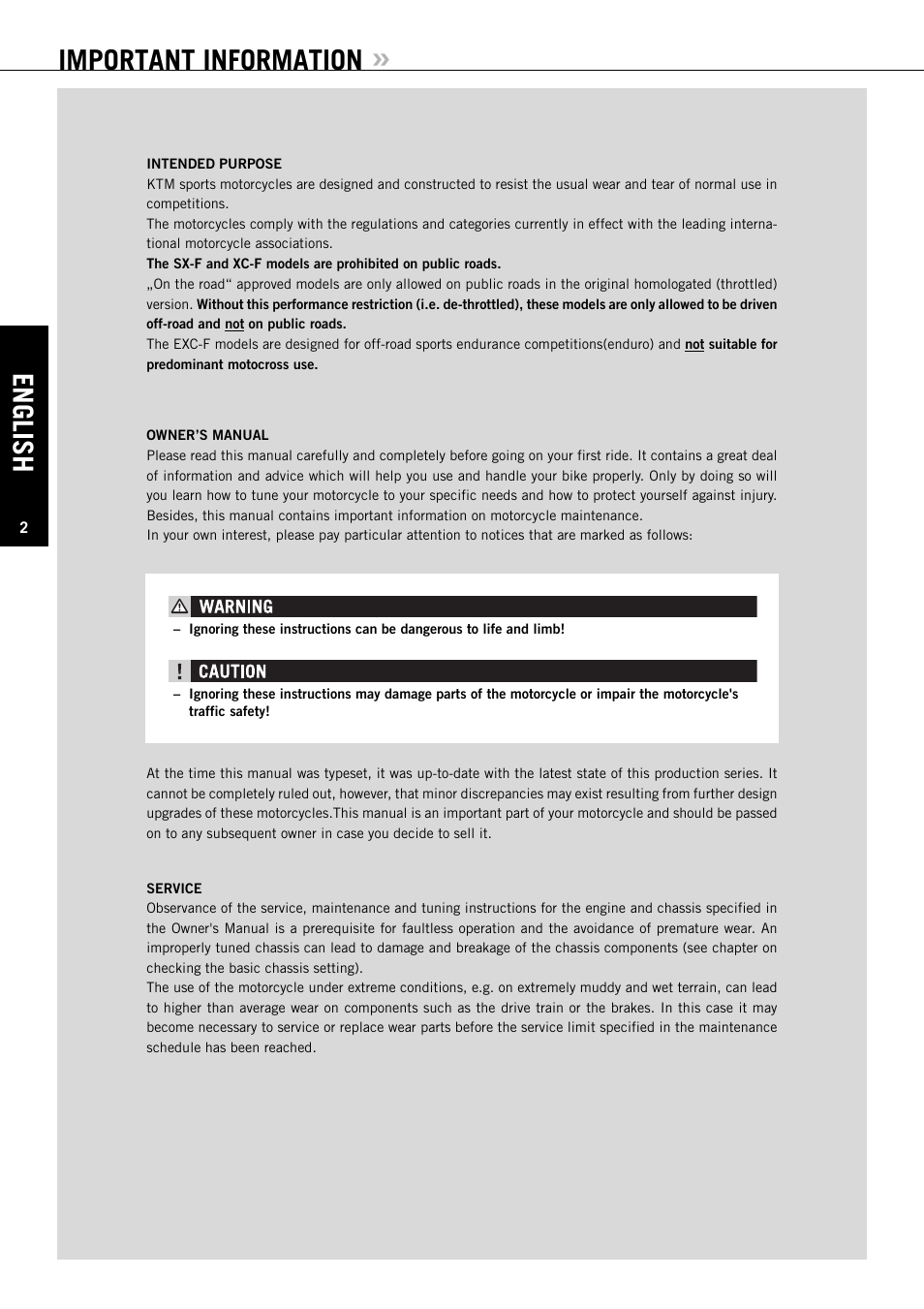 English, Important information | KTM EXC-F SIX DAYS  EN User Manual | Page 3 / 63