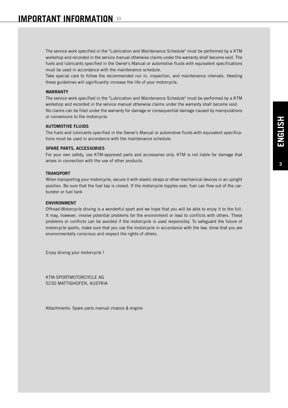 English, Important information | KTM EXC-F SIX DAYS  EN User Manual | Page 4 / 63