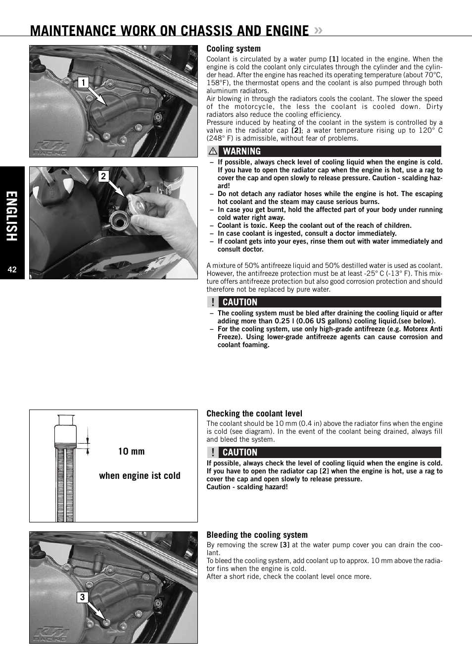 Maintenance work on chassis and engine, English, When engine ist cold 10 mm | KTM EXC-F SIX DAYS  EN User Manual | Page 43 / 63