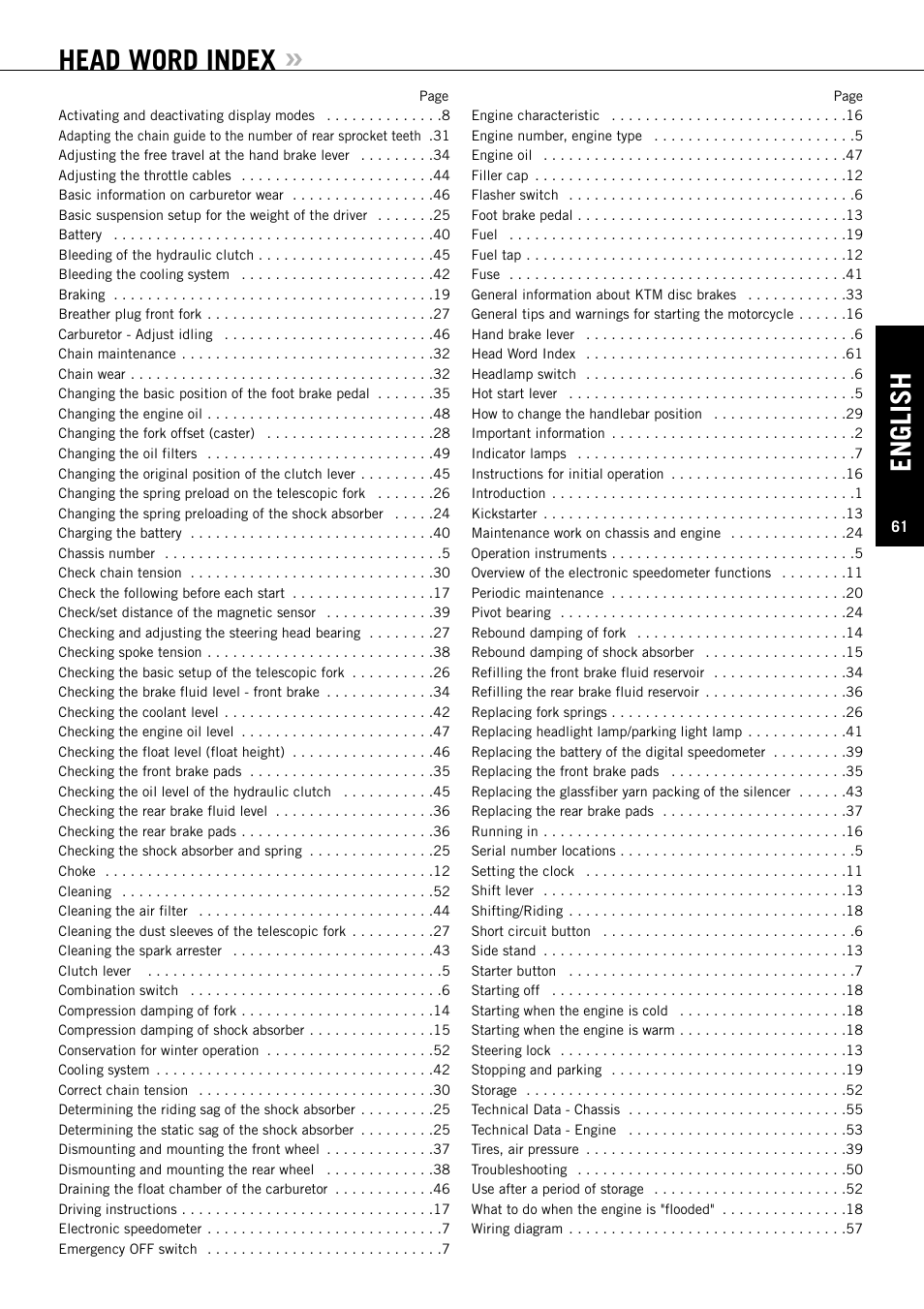 Head word index, English | KTM EXC-F SIX DAYS  EN User Manual | Page 62 / 63