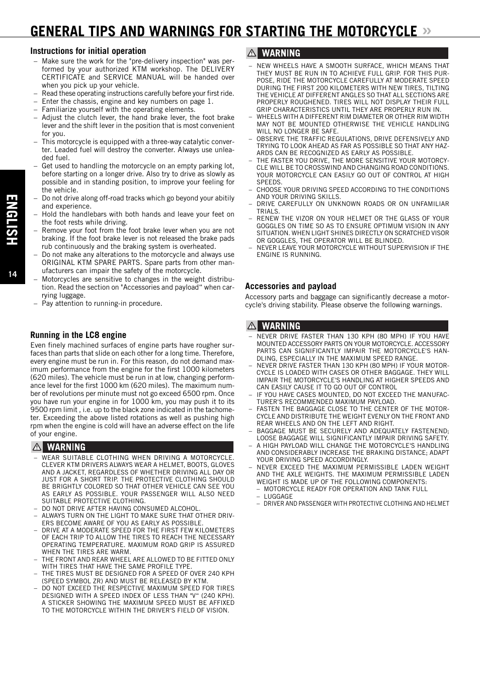 English, Accessories and payload, Instructions for initial operation | Running in the lc8 engine | KTM Super Duke 990s User Manual | Page 15 / 52