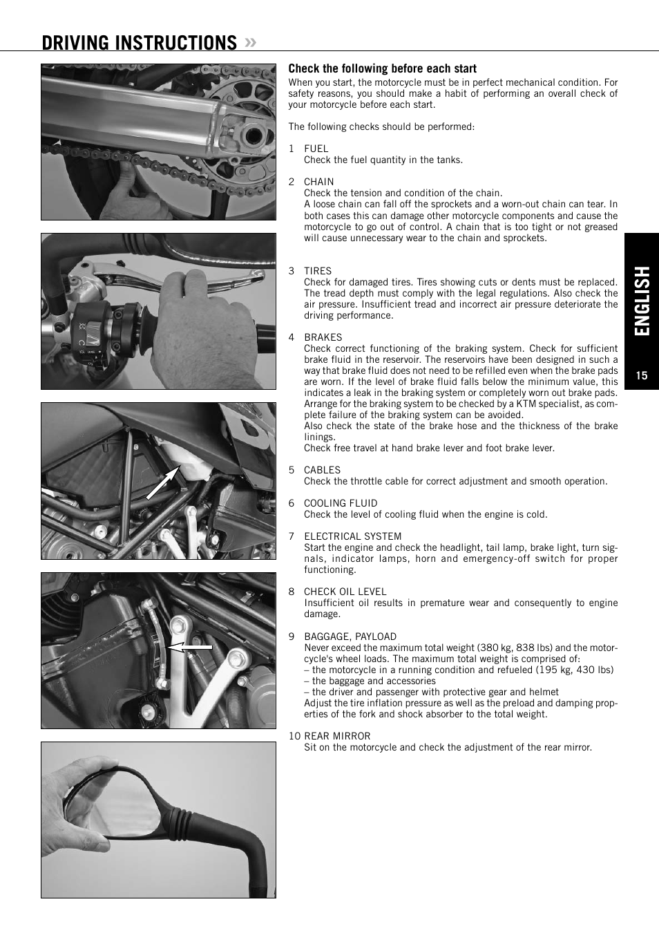 English, Driving instructions | KTM Super Duke 990s User Manual | Page 16 / 52