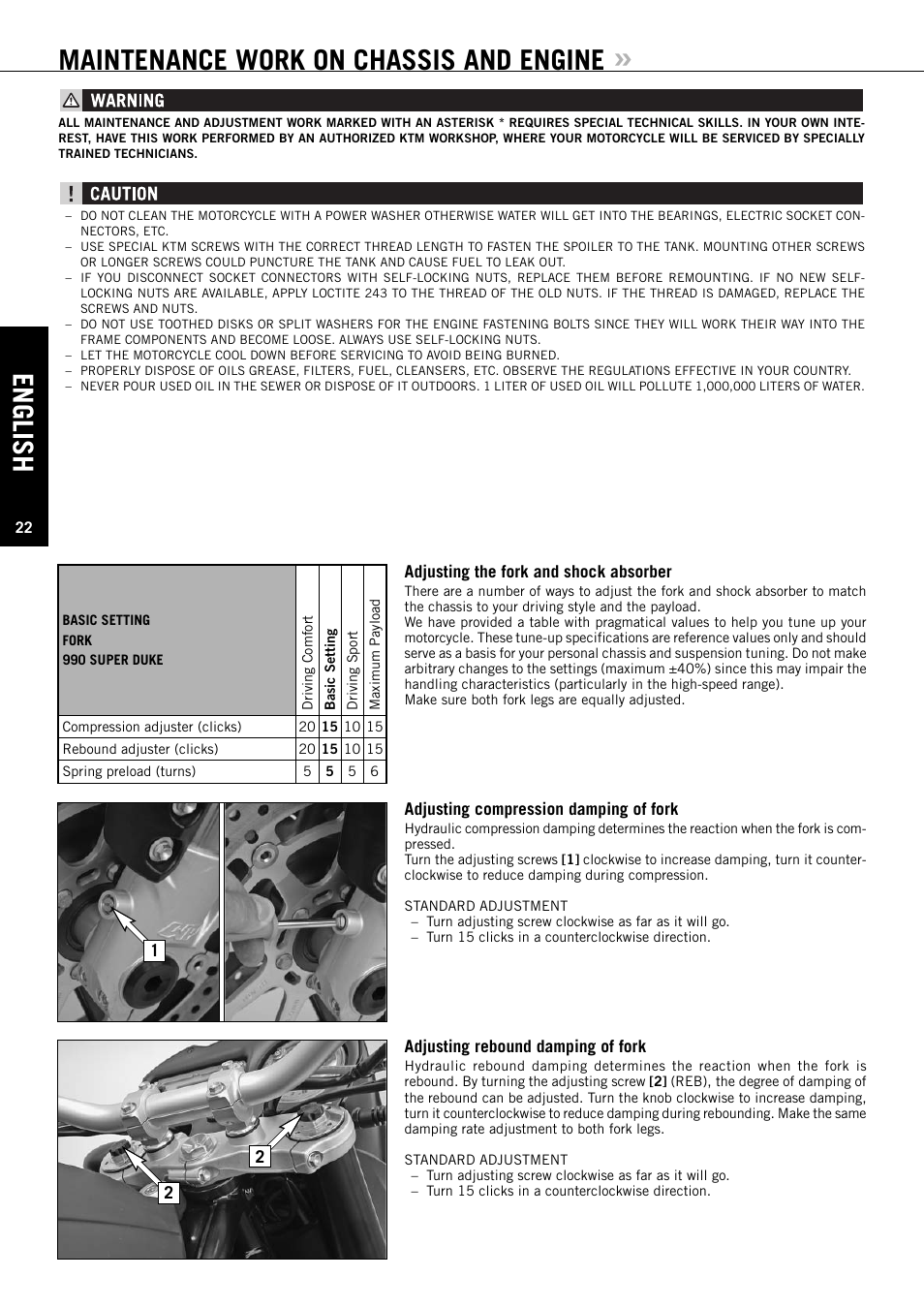 English, Maintenance work on chassis and engine | KTM Super Duke 990s User Manual | Page 23 / 52