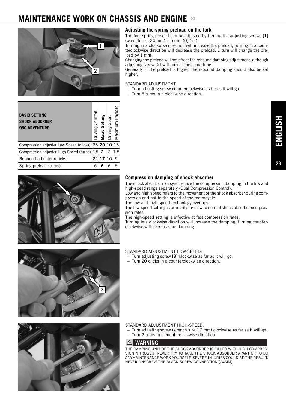English, Maintenance work on chassis and engine | KTM Super Duke 990s User Manual | Page 24 / 52