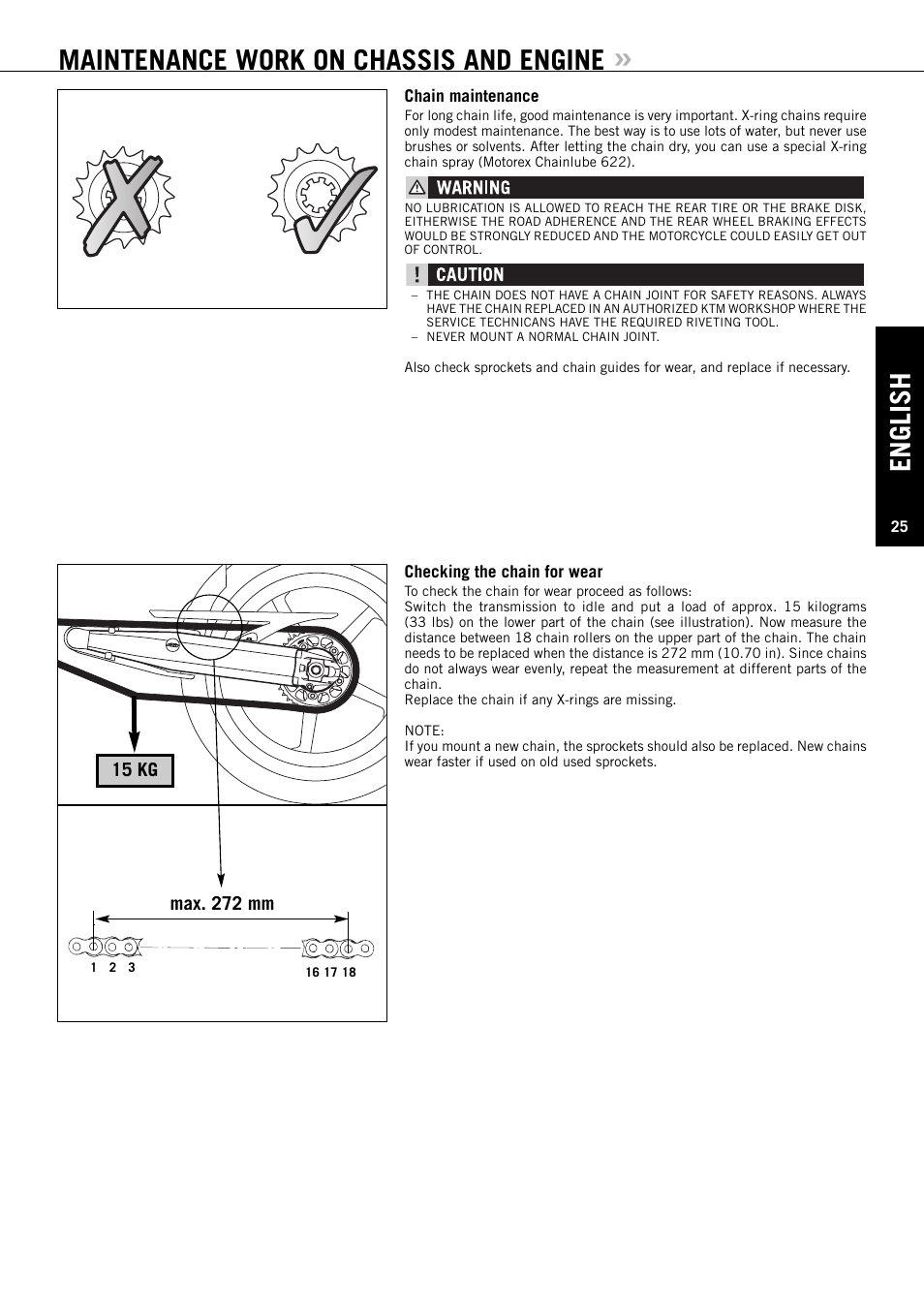 English, Maintenance work on chassis and engine | KTM Super Duke 990s User Manual | Page 26 / 52