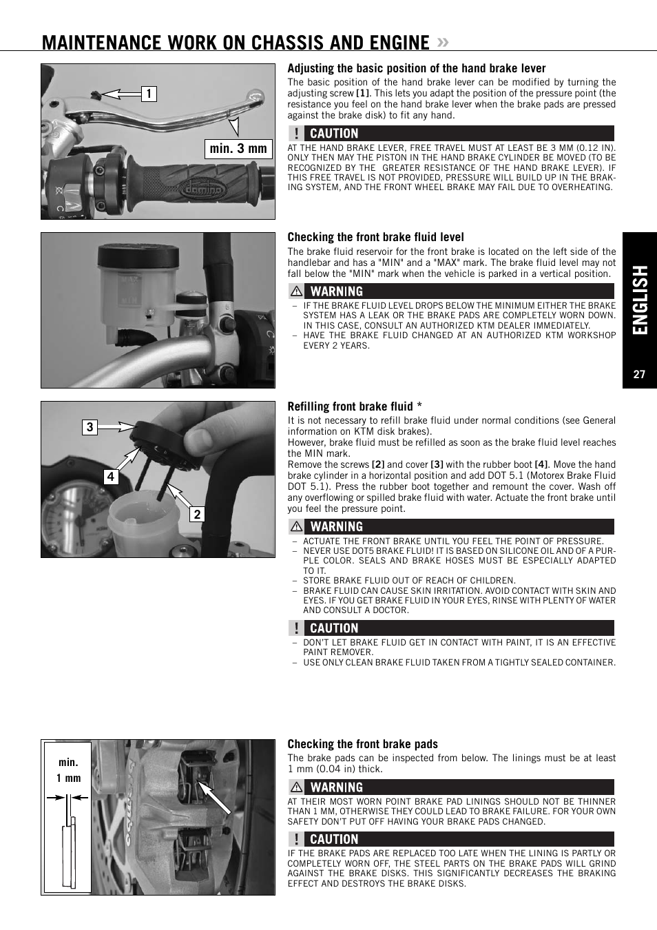English, Maintenance work on chassis and engine, Min. 3 mm | KTM Super Duke 990s User Manual | Page 28 / 52