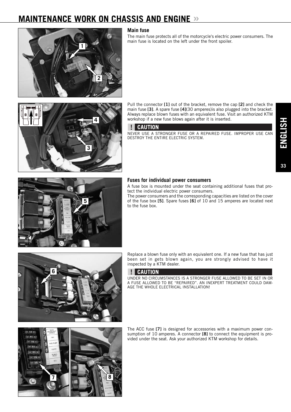 English, Maintenance work on chassis and engine | KTM Super Duke 990s User Manual | Page 34 / 52