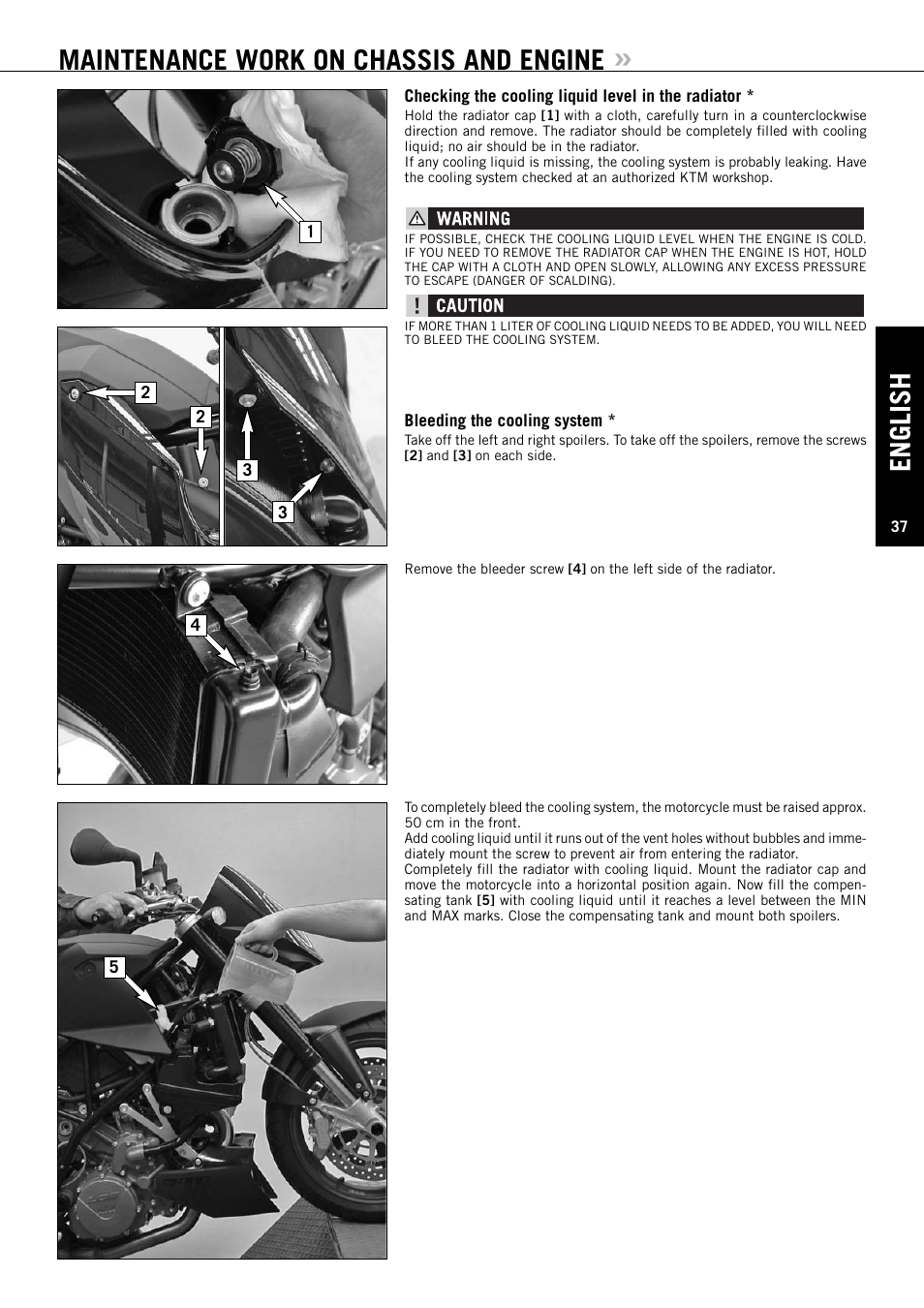 English, Maintenance work on chassis and engine | KTM Super Duke 990s User Manual | Page 38 / 52
