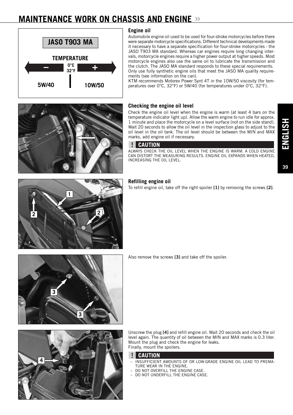 English, Maintenance work on chassis and engine, Jaso t903 ma | KTM Super Duke 990s User Manual | Page 40 / 52