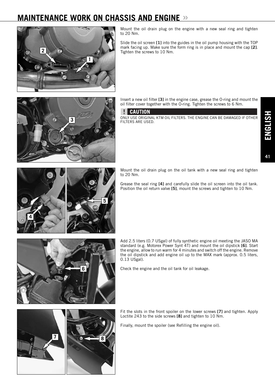 English, Maintenance work on chassis and engine | KTM Super Duke 990s User Manual | Page 42 / 52