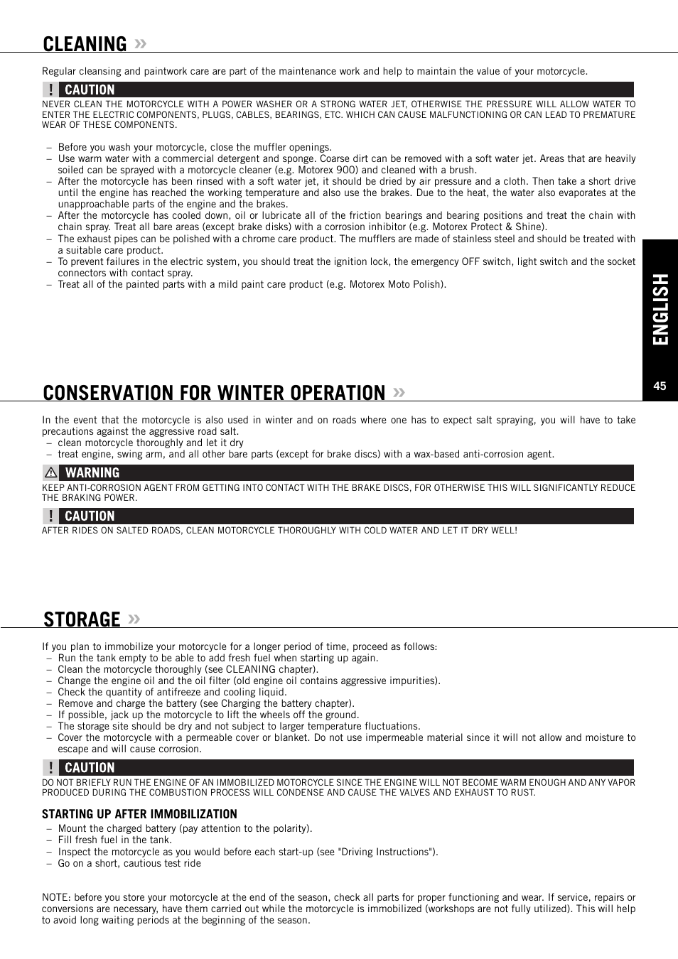 English, Cleaning, Conservation for winter operation | Storage | KTM Super Duke 990s User Manual | Page 46 / 52