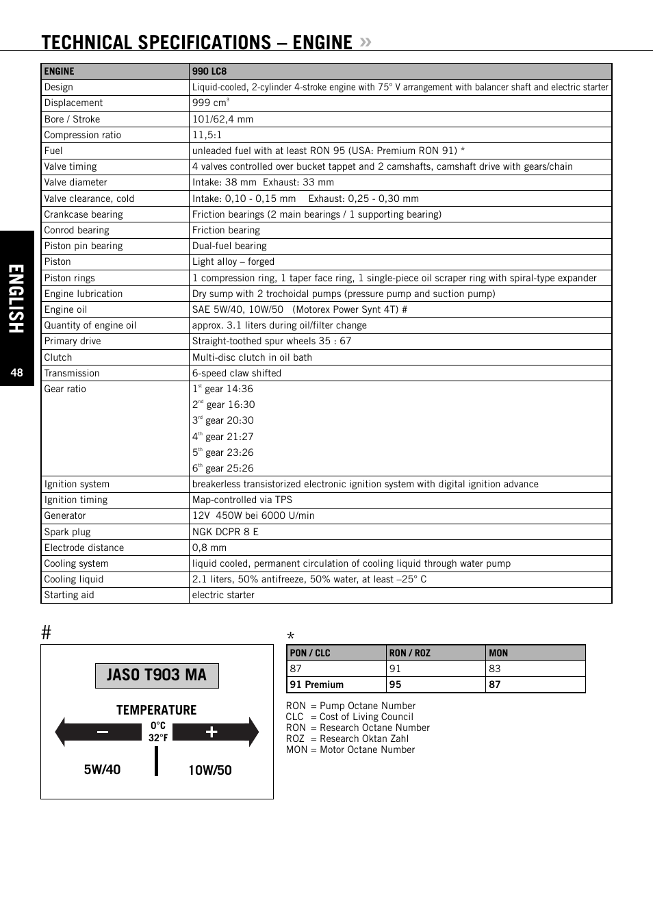 English, Technical specifications – engine, Jaso t903 ma | Temperature | KTM Super Duke 990s User Manual | Page 49 / 52