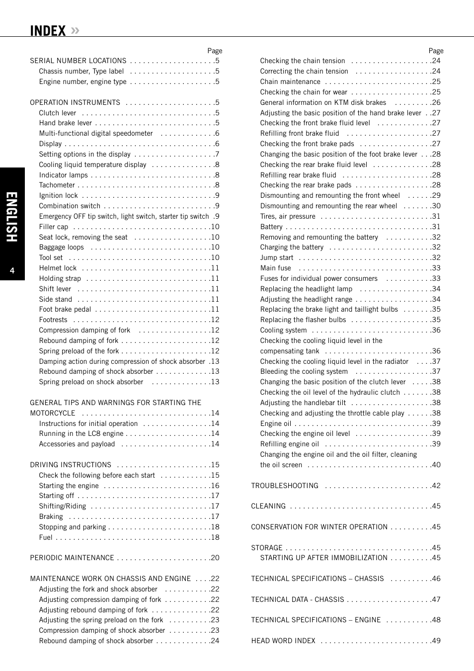 English, Index | KTM Super Duke 990s User Manual | Page 5 / 52