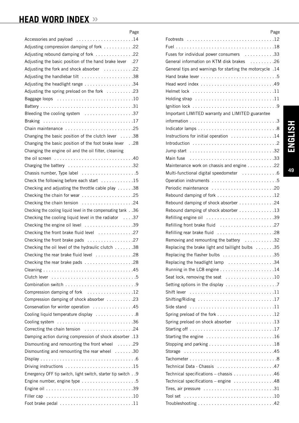 English, Head word index | KTM Super Duke 990s User Manual | Page 50 / 52