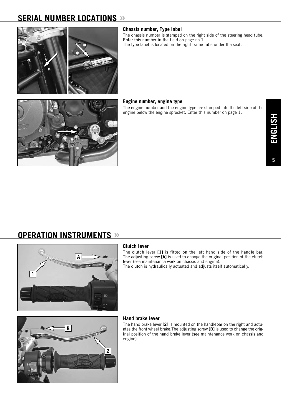 English, Serial number locations, Operation instruments | KTM Super Duke 990s User Manual | Page 6 / 52