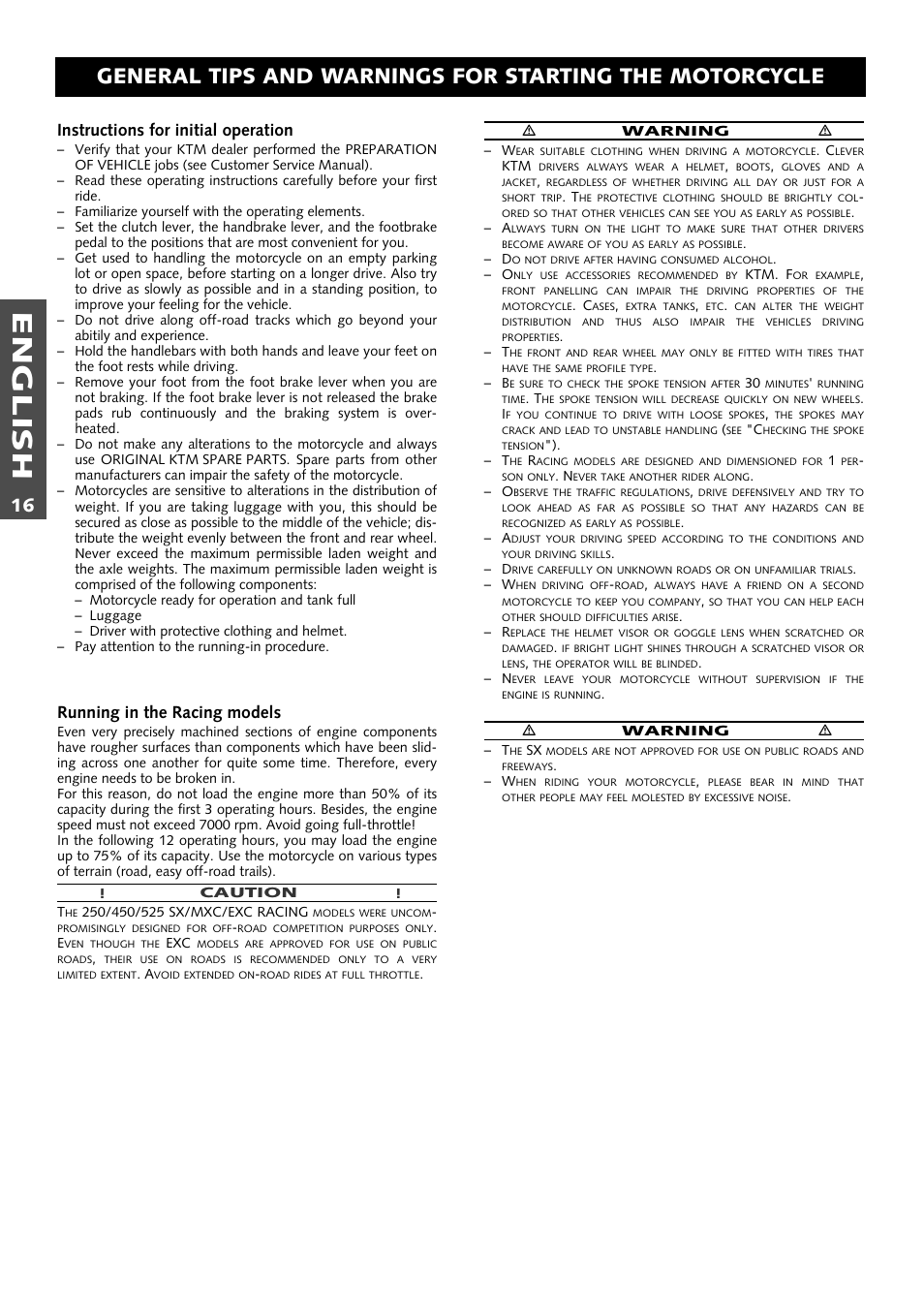 English, Instructions for initial operation, Running in the racing models | KTM 250 EXC RACING User Manual | Page 17 / 62