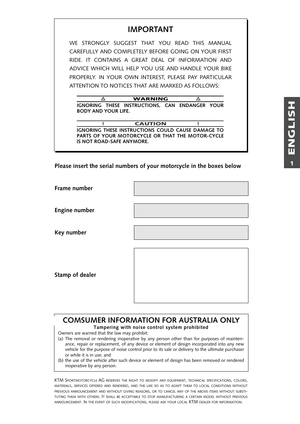 English, Important, Comsumer information for australia only | KTM 250 EXC RACING User Manual | Page 2 / 62