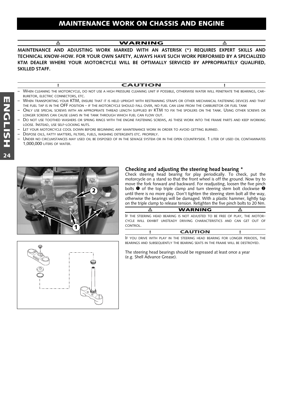 English, Maintenance work on chassis and engine, Checking and adjusting the steering head bearing | KTM 250 EXC RACING User Manual | Page 25 / 62