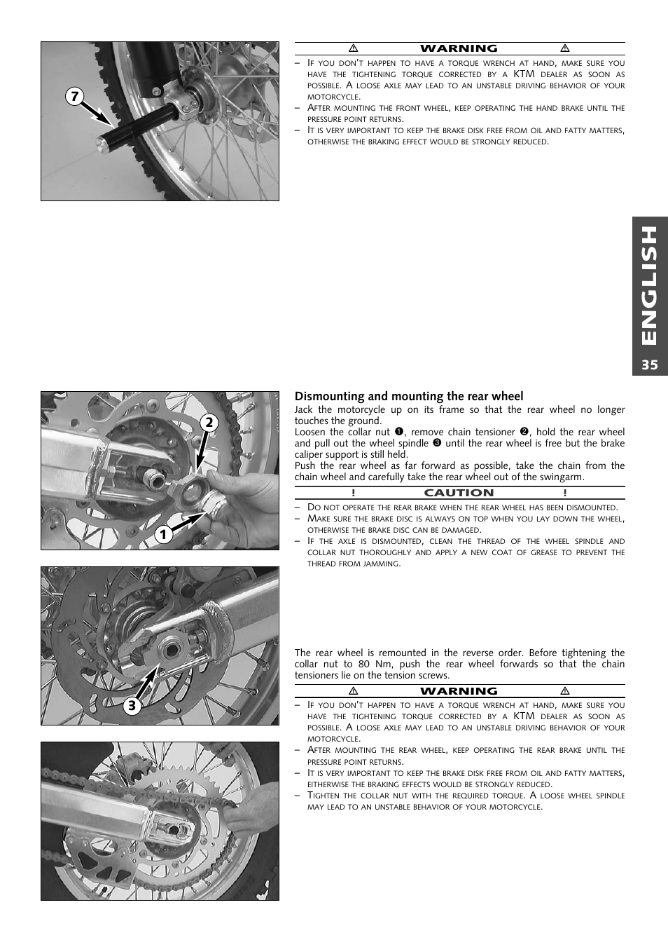 English, Dismounting and mounting the rear wheel | KTM 250 EXC RACING User Manual | Page 36 / 62