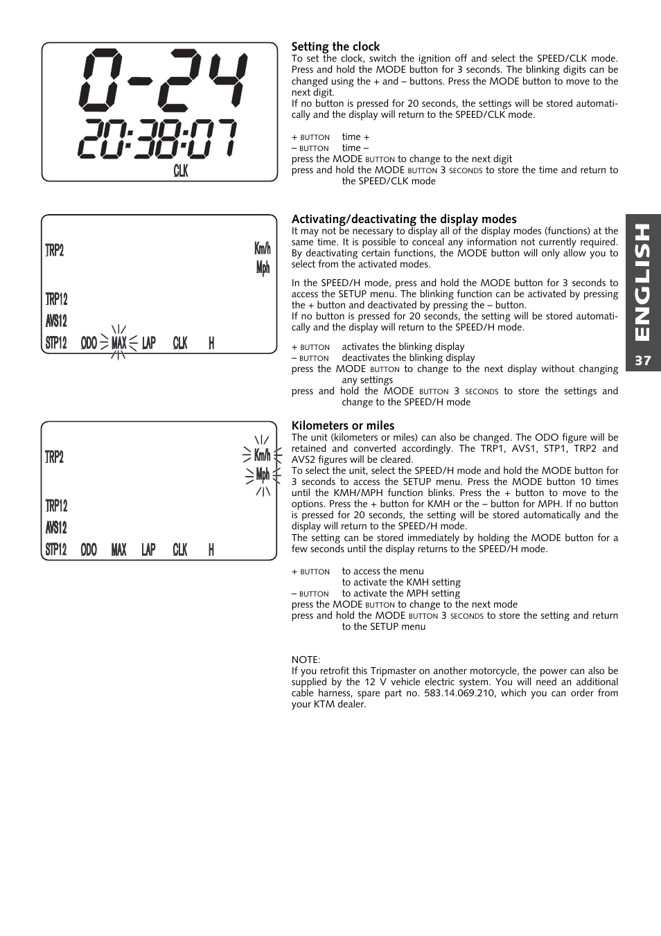 English, Setting the clock, Activating/deactivating the display modes | Kilometers or miles | KTM 250 EXC RACING User Manual | Page 38 / 62