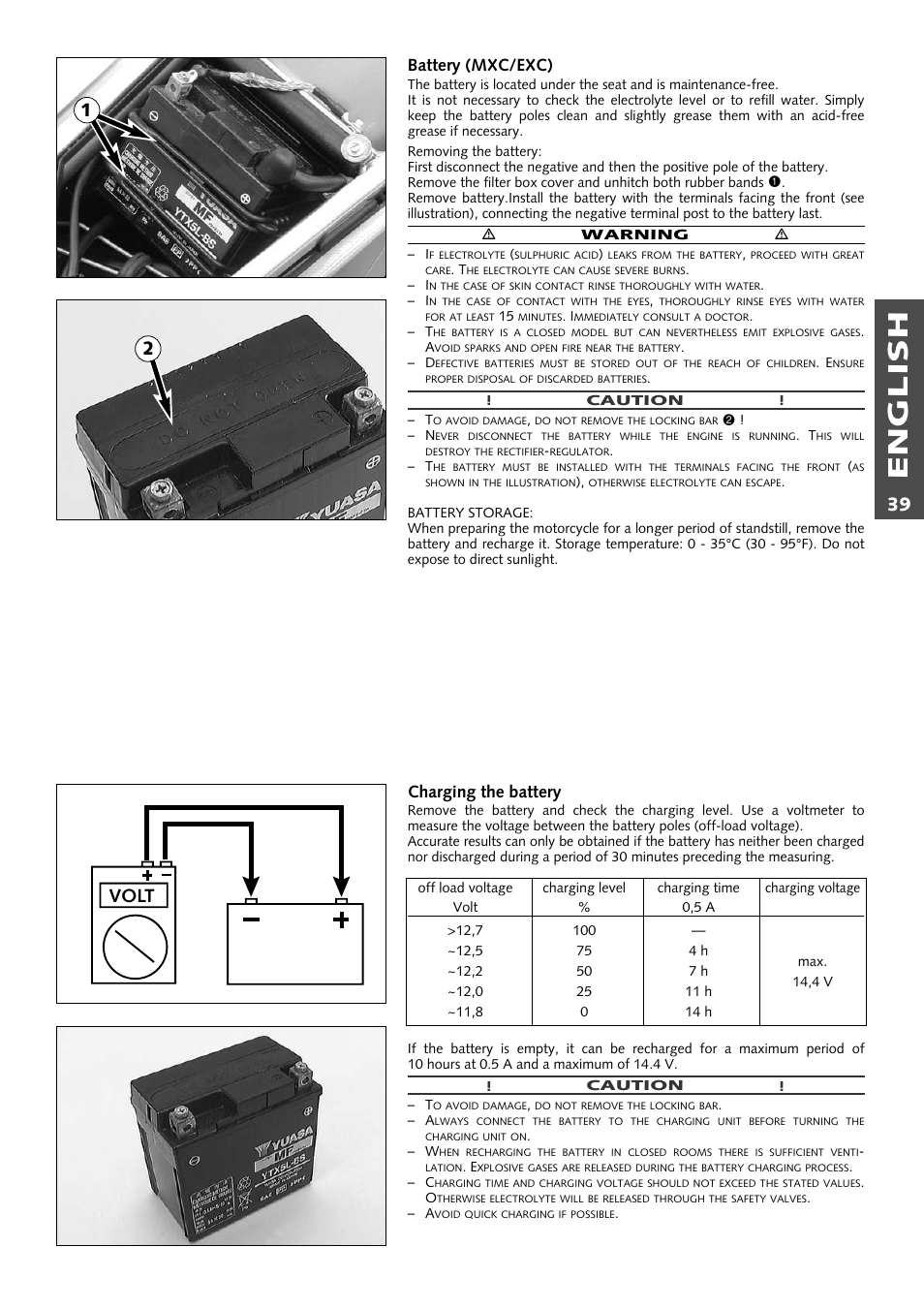 English, Volt 1 2, Battery (mxc/exc) | Charging the battery | KTM 250 EXC RACING User Manual | Page 40 / 62