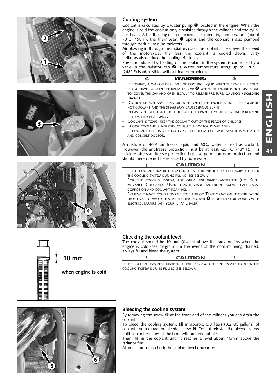 English, 10 mm, Cooling system | Checking the coolant level, Bleeding the cooling system, When engine is cold | KTM 250 EXC RACING User Manual | Page 42 / 62