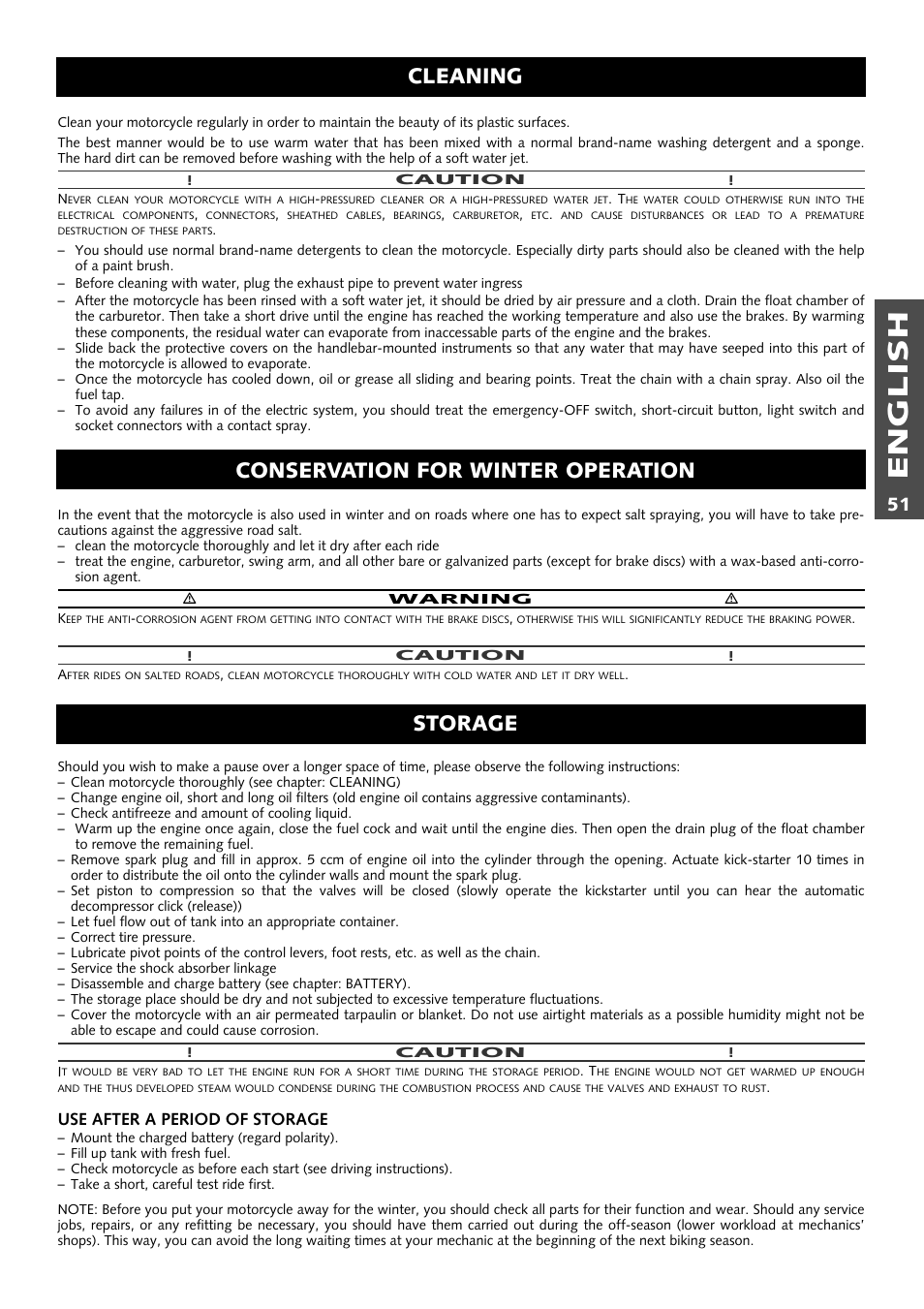 English, Storage, Cleaning | Conservation for winter operation | KTM 250 EXC RACING User Manual | Page 52 / 62