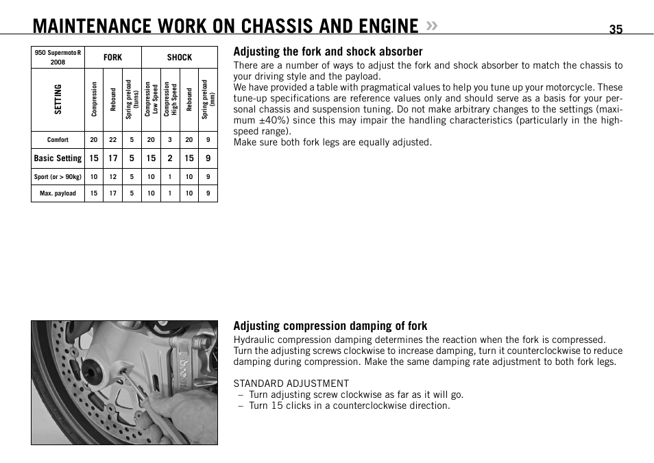 Maintenance work on chassis and engine, 35 adjusting the fork and shock absorber, Adjusting compression damping of fork | KTM 950 SUPERMOTO R User Manual | Page 36 / 86