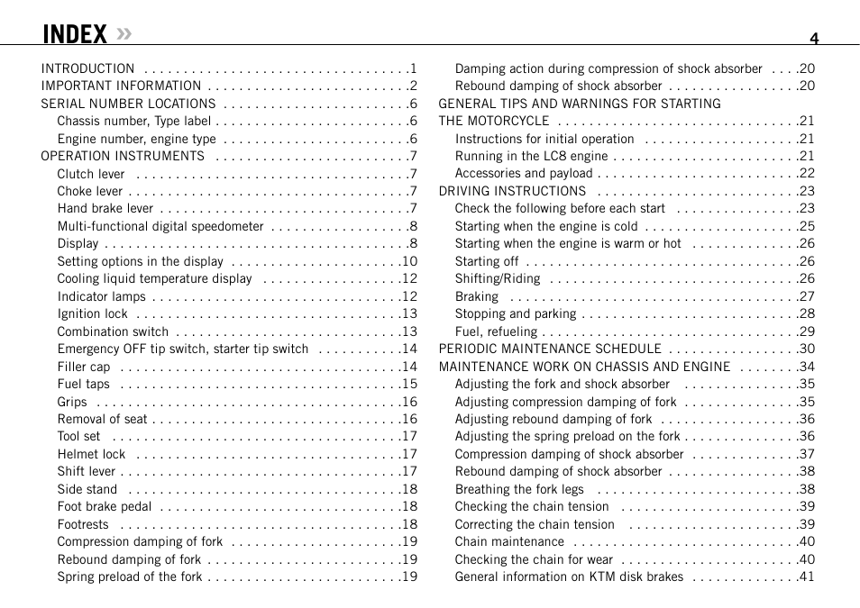 Index | KTM 950 SUPERMOTO R User Manual | Page 5 / 86