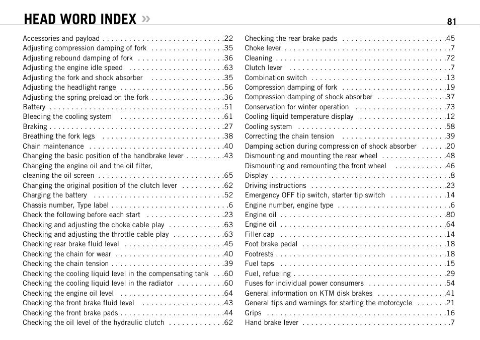 Head word index | KTM 950 SUPERMOTO R User Manual | Page 82 / 86