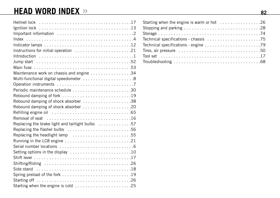 Head word index | KTM 950 SUPERMOTO R User Manual | Page 83 / 86