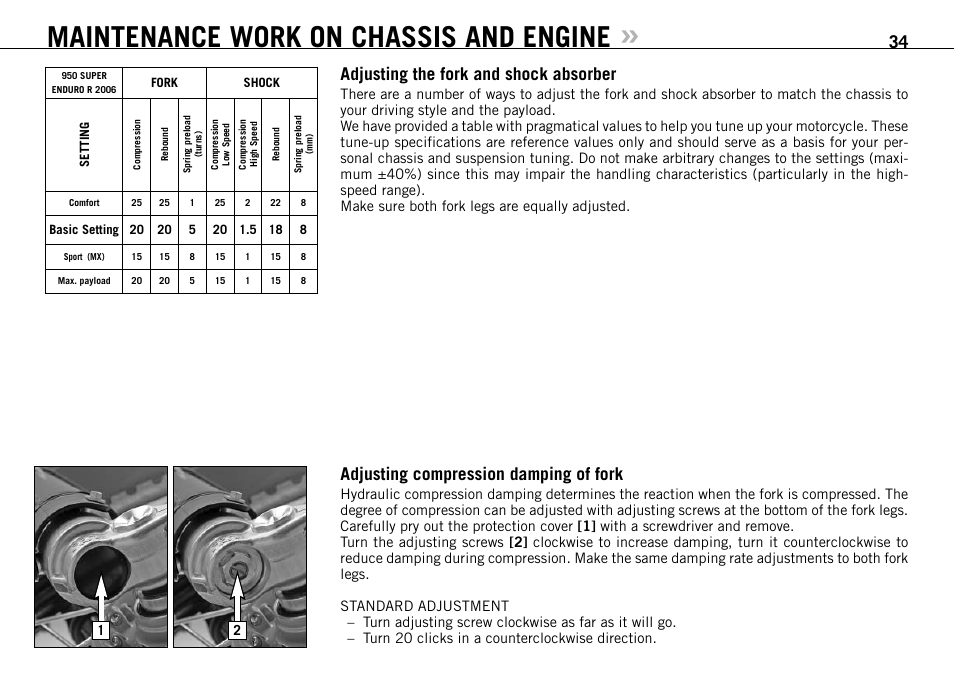 Maintenance work on chassis and engine, Adjusting the fork and shock absorber, Adjusting compression damping of fork | KTM 950 R User Manual | Page 35 / 86