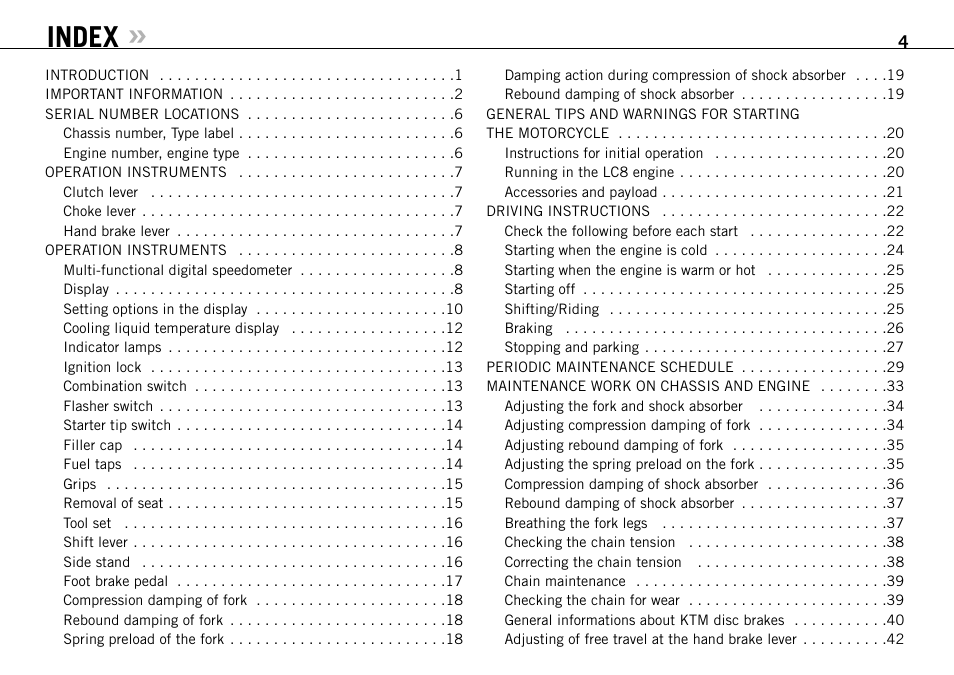Index | KTM 950 R User Manual | Page 5 / 86