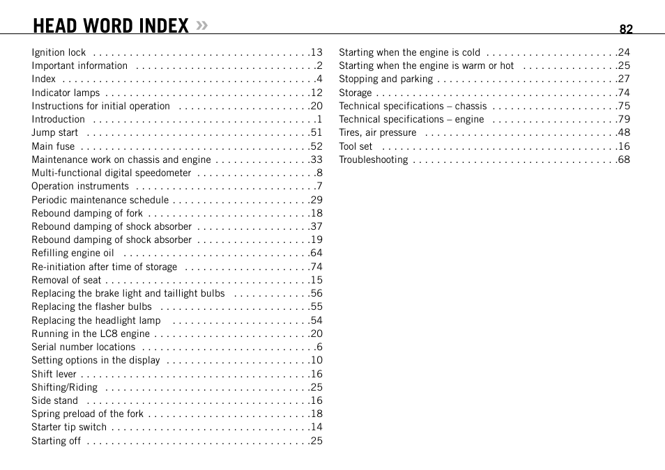 Head word index | KTM 950 R User Manual | Page 83 / 86