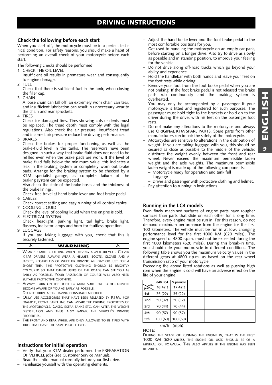 English, Driving instructions, Running in the lc4 models | Check the following before each start, Instructions for initial operation | KTM Supermoto 640LC4 User Manual | Page 10 / 46