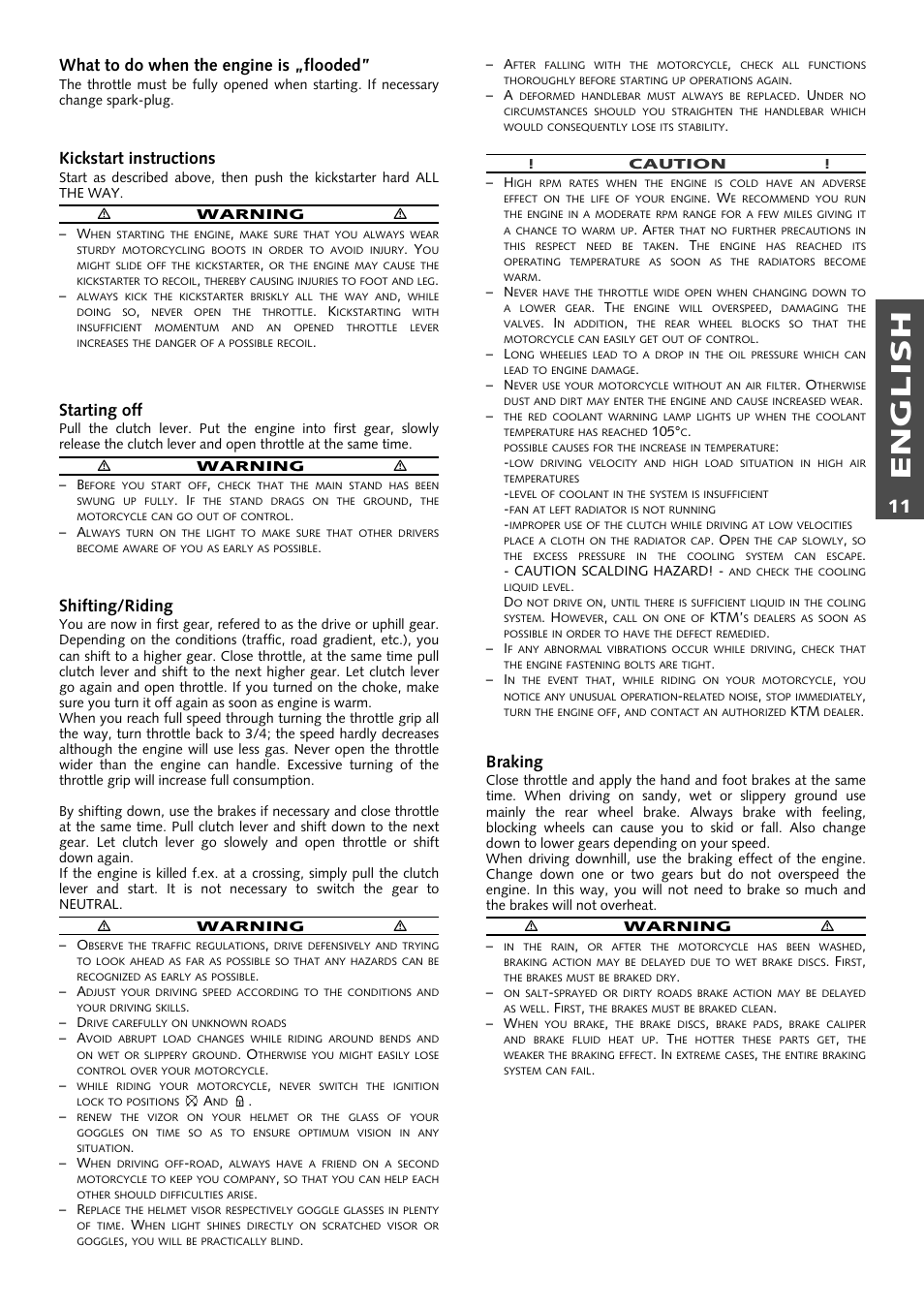 English, What to do when the engine is „flooded, Kickstart instructions | Starting off, Shifting/riding, Braking | KTM Supermoto 640LC4 User Manual | Page 12 / 46
