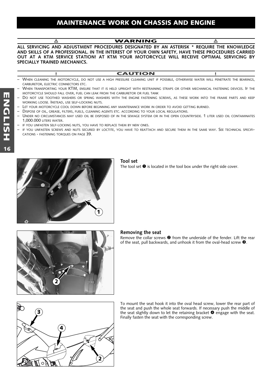English, Maintenance work on chassis and engine, Tool set | Removing the seat | KTM Supermoto 640LC4 User Manual | Page 17 / 46