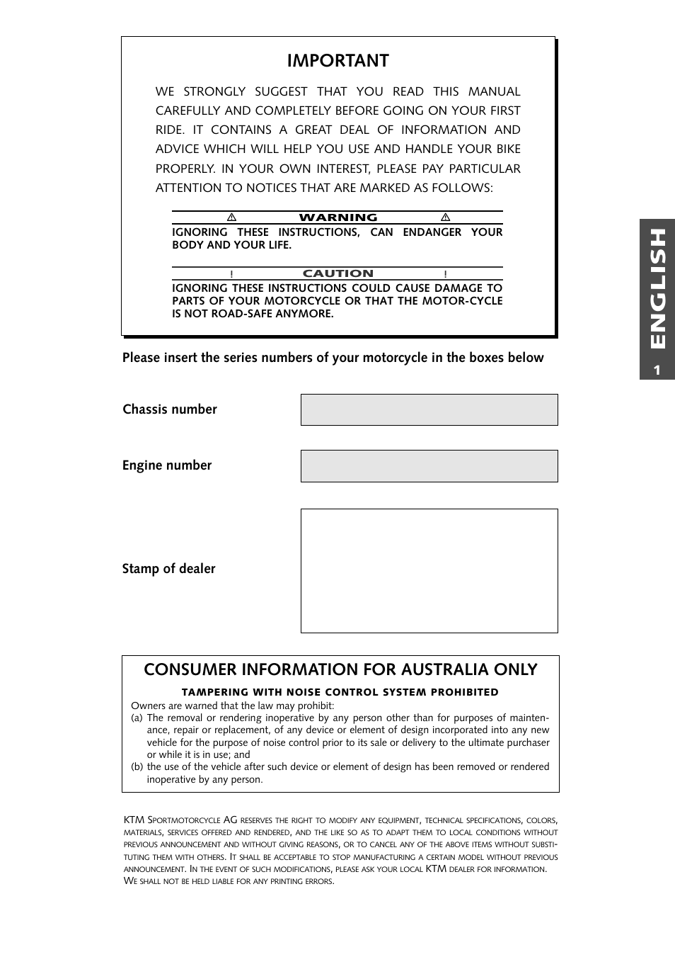 English, Important, Consumer information for australia only | KTM Supermoto 640LC4 User Manual | Page 2 / 46
